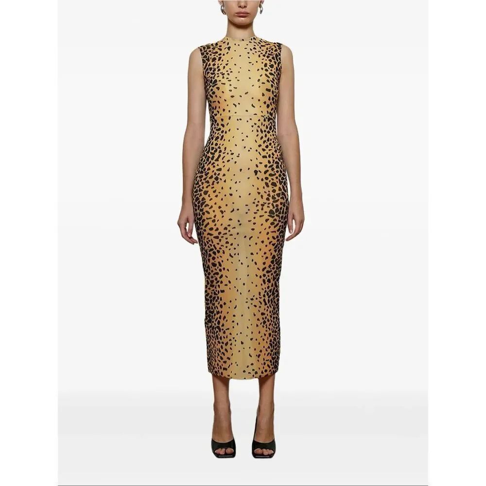 NWT Alex Perry Cheetah Sleeveless Mesh Straight Hem Midi Dress Women's 8US
